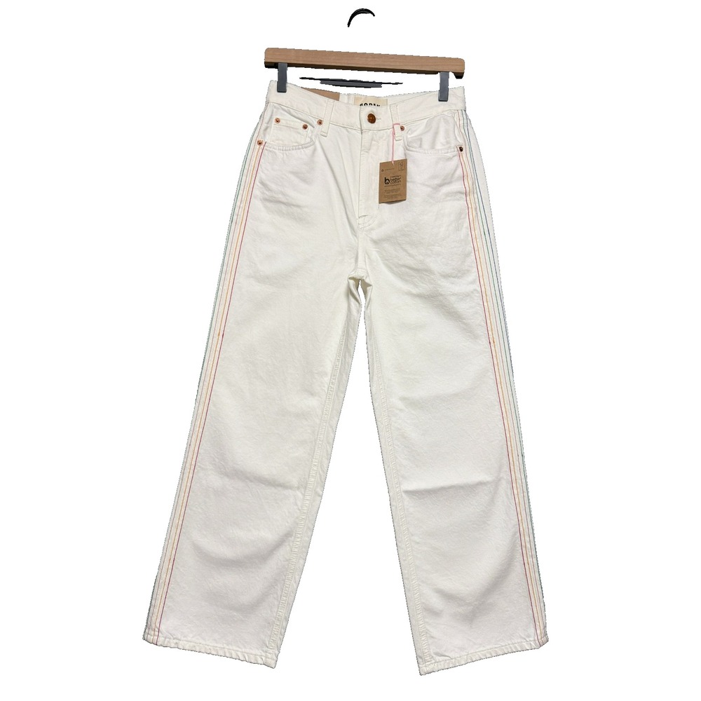 Boden Cropped Jeans Women W26 White Rainbow Stripe High Rise Retro Coastal
